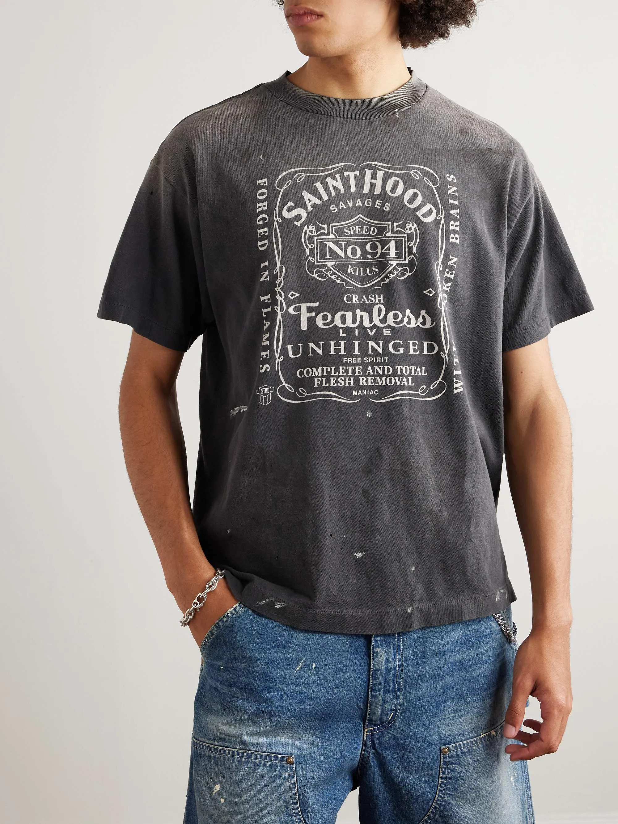 SAINT Mxxxxxx × NEIGHBORHOOD STHD . SS TEE FEARLESS/BLK NBHD Takizawa Shinsuke co-branded whiskey label/love skull angel distressed short sleeves washed black S-XL tube weave without side seam fabric ready-made Assute dyeing custom-woven NBHD co-branded main mark washed mark truly correct version top-level printing process restoration distressed treatment